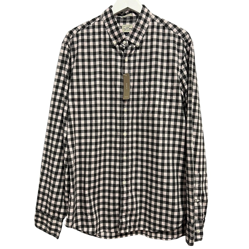 J Crew Shirt Mens Large Black Pink Gingham Slim Stretch Long Sleeve Button Down